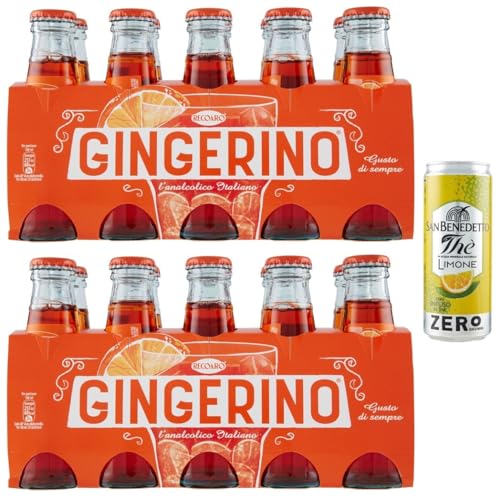 20er-Pack Gingerino Recoaro Erfrischendes alkoholfreies Getränk,Italienischer Aperitif,Ginger 10cl Einweg-Glasflasche + 1er-Pack Kostenlos San Benedetto Eistee mit Zitrone Ohne Zucker 330ml Dose von San Benedetto