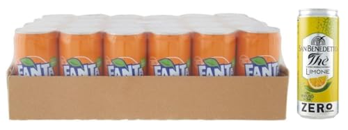 24er-Pack Fanta Original,Erfrischendes Alkoholfreies Getränk mit Orangensaft,Einweg-Dose 250ml + 1er-Pack Kostenlos San Benedetto Eistee mit Zitrone Ohne Zucker 330ml Dose von San Benedetto