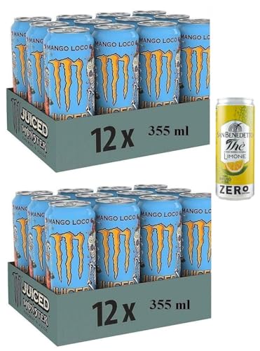 24er-Pack Monster Mango Loco Energy Drink,Erfrischender alkoholfreier Energiegetränk mit Exotischer Geschmack,355ml Einwegdose + 1er-Pack San Benedetto Eistee mit Zitrone Ohne Zucker 330ml Dose von San Benedetto