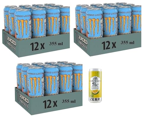 36er-Pack Monster Mango Loco Energy Drink,Erfrischender alkoholfreier Energiegetränk mit Exotischer Geschmack,355ml Einwegdose + 1er-Pack San Benedetto Eistee mit Zitrone Ohne Zucker 330ml Dose von San Benedetto