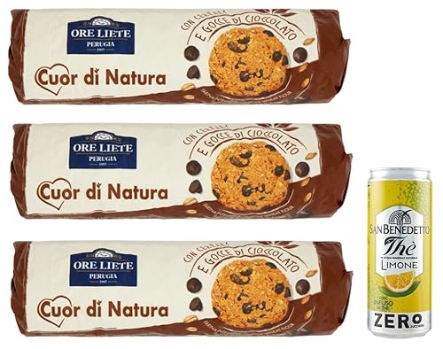 3er-Pack Ore Liete Cuor di Natura Biscotti,Kekse mit Getreide und Schokoladentropfen,mit Vollkornmehl und ohne Zuckerzusatz,250g + 1er-Pack San Benedetto Eistee mit Zitrone Ohne Zucker 330ml Dose von San Benedetto