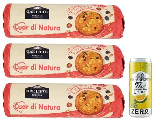 3er-Pack Ore Liete Cuor di Natura Biscotti Frutta,Kekse mit Getreide und Obst,mit Vollkornmehl und ohne Zuckerzusatz,250g + 1er-Pack Kostenlos San Benedetto Eistee mit Zitrone Ohne Zucker 330ml Dose von San Benedetto