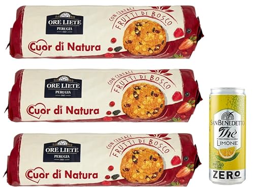 3er-Pack Ore Liete Cuor di Natura Biscotti con Cereali,Kekse mit Getreide und Beeren,ohne Zuckerzusatz,250g + 1er-Pack Kostenlos San Benedetto Eistee mit Zitrone Ohne Zucker 330ml Dose von San Benedetto