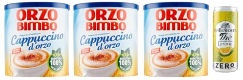 3er-Pack Orzo Bimbo Cappuccino D'orzo Solubile,Löslich-Gersten-Cappuccino,eine koffeinfreie Alternative 150g + 1er-Pack Kostenlos San Benedetto Eistee mit Zitrone Ohne Zucker 330ml Dose von San Benedetto