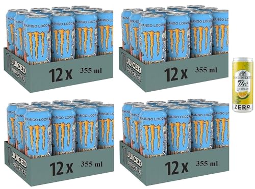 48er-Pack Monster Mango Loco Energy Drink,Erfrischender alkoholfreier Energiegetränk mit Exotischer Geschmack,355ml Einwegdose + 1er-Pack San Benedetto Eistee mit Zitrone Ohne Zucker 330ml Dose von San Benedetto