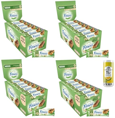 4er-Pack Nestlé FITNESS Choco Hazelnut Barrette,Vollkornriegel mit Milchschokolade- und Haselnuss,24 Riegel à 22,5g + 1er-Pack San Benedetto Eistee mit Zitrone Ohne Zucker 330ml Dose von San Benedetto