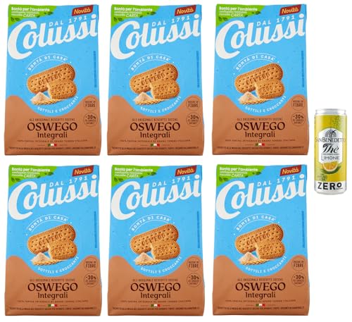 6er-Pack Colussi Biscotti Oswego Integrali,Vollkornkekse Kekse mit Braunem Zucker und Getreide Mehl,450g Beutel + 1er-Pack Kostenlos San Benedetto Eistee mit Zitrone Ohne Zucker 330ml Dose von San Benedetto