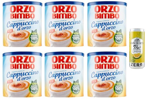 6er-Pack Orzo Bimbo Cappuccino D'orzo Solubile,Löslich-Gersten-Cappuccino,eine koffeinfreie Alternative 150g + 1er-Pack Kostenlos San Benedetto Eistee mit Zitrone Ohne Zucker 330ml Dose von San Benedetto