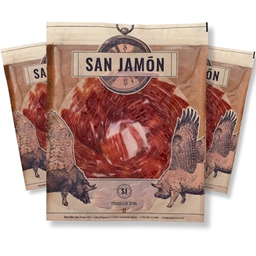 SAN JAMÓN Pack Mit 3 Packungen Handgeschnittener 50% Iberischer Eichel-Schinken, Geschnitten Von Hand. Set Mit 3 Paketen Handgeschnittenem Schinken In Dünnen Scheiben. 3 X 100 g von SAN JAMÓN