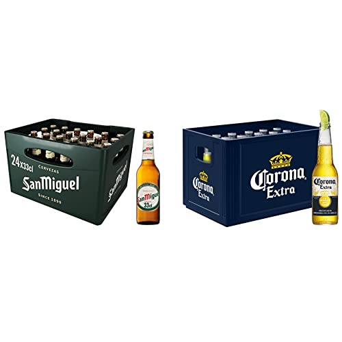 San Miguel Especial Premium Lager Flaschenbier, MEHRWEG im Kasten, Internationales Lager Bier, 24er Kiste & Corona Extra Premium Lager Flaschenbier, MEHRWEG im Kasten von San Miguel
