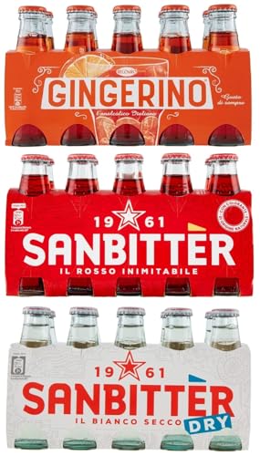 Sanpellegrino 30er-Pack Testpaket San Bitter Dry Weiß + Gingerino Recoaro + San Bitter Rosso Erfrischendes alkoholfreies Getränk,Italienischer Aperitif,10cl Einweg-Glasflasche von SanPellegrino