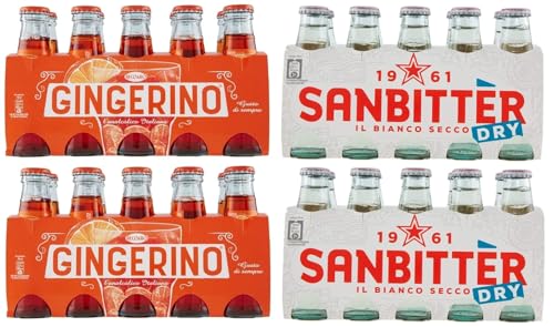 40er-Pack Testpaket San Bitter Dry Weiß + Gingerino Recoaro Erfrischendes alkoholfreies Getränk,Italienischer Aperitif,10cl Einweg-Glasflasche von SanPellegrino