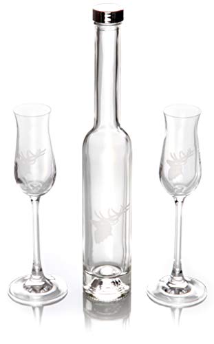 Design Schnaps- Likör- & Grappaset 3 teilig mit gravierte, Hirschkopf - Edles Geschenkset mit Gravur von Sannys