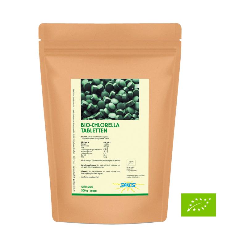 Bio-Chlorella Tabletten, 1250 Stück - 100 % reines Bio-Chlorella Pulver in Tablettenform - vegan- Sanos von Sanos