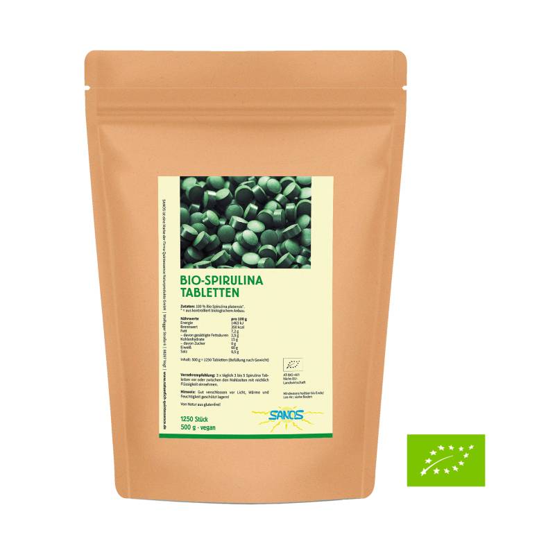 Bio-Spirulina Tabletten, 1250 Stück - 100 % reines Bio-Spirulina Pulver in Tablettenform - vegan - Sanos von Sanos