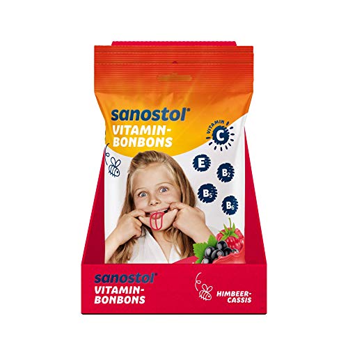 15 X Sanostol Bonbons Himbeer-Cassis 75 gr, Vitamine für Kinder, Bonbons zuckerfrei mit den Vitaminen C, E, B1, B2, B3, B5, B7 von Sanostol