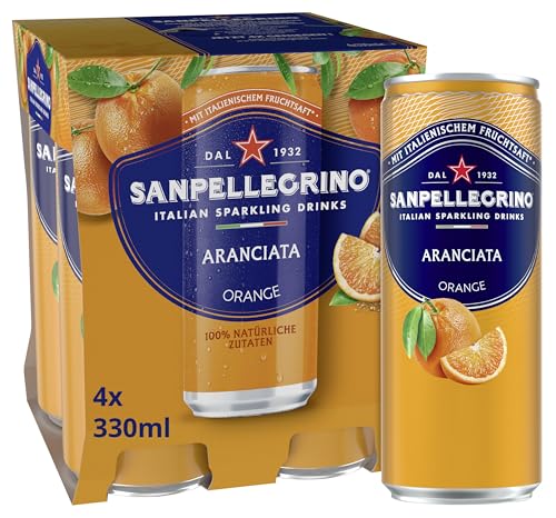 San Pellegrino Naturali Aranciata Orangen-Limonade mit 16% Orangensaft (aus Konzentrat) 4er Pack (4 x 330ml) Einweg-Dosen von San Pellegrino