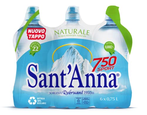 Acqua Sant'Anna 750 Urban Sport, 0,75 Liter Naturwasserflasche mit Thumb Up Deckel, natürliches Mineralwasser in Kunststoffflaschen, 100% recycelbar, 6 Flaschen à 0,75 l von Sant'Anna