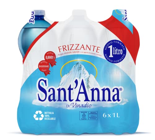 Sant'Anna Wasserflaschen mit Sprudelwasser, 1,0 Liter, mineralisches Mineralwasser, minimal mineralisiert, Flaschen aus Kunststoff, 100 % recycelbar, Packung mit 6 Flaschen von Sant'Anna