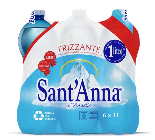 Sant'Anna Wasserflaschen mit Sprudelwasser, 1,0 Liter, mineralisches Mineralwasser, minimal mineralisiert, Flaschen aus Kunststoff, 100 % recycelbar, Packung mit 6 Flaschen Sant'Anna Wasserflaschen mit Sprudelwasser, 1,0 Liter, mineralisches Mineralwasser, minimal mineralisiert, Flaschen aus Kunststoff, 100 % recycelbar, Packung mit 6 Flaschen von Sant'Anna