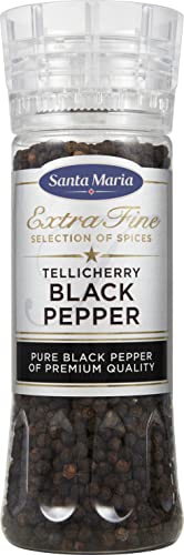 Santa Maria Tellicherry Pfeffermühle, Schwarz, 210 g, frisch gemahlen, Premium-Qualität, ideal für Rubs, Marinade, Soße oder Kochen mit Huhn, Rind oder Gemüse von Santa Maria