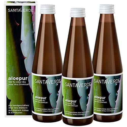 Santaverde / aloepur / Aloe Vera Direktsaft / 3 x 330 ml / Bio Aloe Vera Direktsaft zum Trinken / 100 % vegan & zuckerfrei / pur & trinkfertig für Mixgetränke und Smoothies / eigener, kontrolliert biologischer Anbau / 100 % vegan von Santaverde