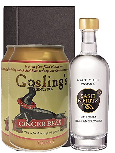 Sash & Fritz Vodka Black Box 0,1 Liter + 2 x Goslings Ginger Beer 0,33 Liter Dose von Sash&Fritz