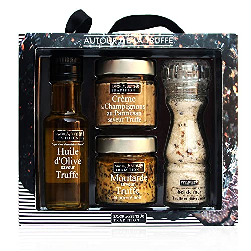 Savor & Sens "Rund um Trüffel" Trüffel Geschenkbox Set, Olivenöl 100ml, Pilzcreme 100g, Senf und schwarzem Pfeffer, 100g von Savor & Sens