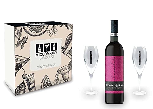 Scavi & Ray Giftbox Geschenkset - Scavi & Ray Al Cioccolata Rotwein Cuvèe 0,75l (10% Vol) + 2x Flöten (10cl) -[Enthält Sulfite] von Scavi & Ray-Scavi & Ray