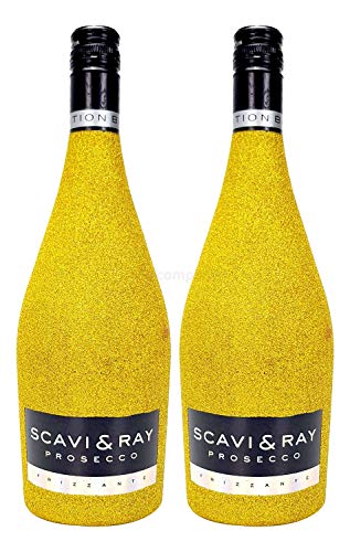 Scavi & Ray Prosecco Frizzante 0,75l (10,5% Vol) - Bling Bling Glitzer Glitzerflasche Flaschenveredelung für besondere Anlässe - Gold Aktion - 2 Stück (2x 0,75l = 1,5l) -[Enthält Sulfite von Scavi & Ray