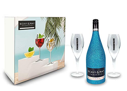 Scavi & Ray Bling Bling Blau Glitzer Giftbox Geschenkset - Scavi & Ray Prosecco Frizzante 0,75l (10% Vol) + 2x Prosecco Gläser -[Enthält Sulfite] von Scavi & Ray-Scavi & Ray