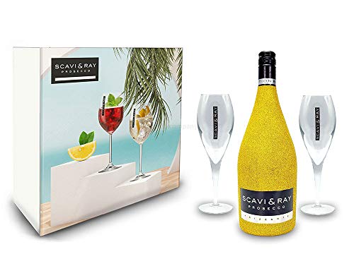 Scavi & Ray Bling Bling Gold Glitzer Giftbox Geschenkset - Scavi & Ray Prosecco Frizzante 0,75l (10% Vol) + 2x Prosecco Gläser -[Enthält Sulfite] von Scavi & Ray-Scavi & Ray