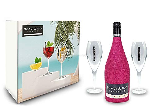 Scavi & Ray Bling Bling Hot Pink Glitzer Giftbox Geschenkset - Scavi & Ray Prosecco Frizzante 0,75l (10% Vol) + 2x Prosecco Gläser -[Enthält Sulfite] von Scavi & Ray-Scavi & Ray