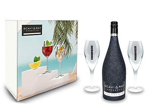 Scavi & Ray Bling Bling Schwarz Glitzer Giftbox Geschenkset - Scavi & Ray Prosecco Frizzante 0,75l (10% Vol) + 2x Prosecco Gläser -[Enthält Sulfite] von Scavi & Ray-Scavi & Ray