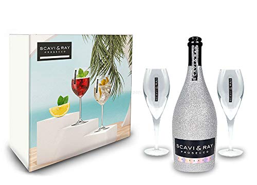 Scavi & Ray Bling Bling Silber Glitzer Giftbox Geschenkset - Scavi & Ray Prosecco Frizzante 0,75l (10% Vol) + 2x Prosecco Gläser -[Enthält Sulfite] von Scavi & Ray-Scavi & Ray