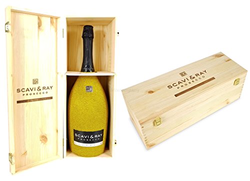 Scavi & Ray Prosecco Spumante Magnum 3l (11% Vol) Bling Bling Glitzerflasche gold + Holzbox Holzkiste -[Enthält Sulfite] von Scavi & Ray