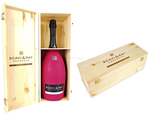 Scavi & Ray Prosecco Spumante Magnum 3l (11% Vol) Bling Bling Glitzerflasche hot pink + Holzbox Holzkiste -[Enthält Sulfite] von Scavi & Ray