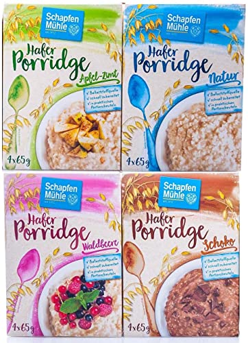 Schapfen Mühle Porridge Mahlzeit Testpaket mit den Sorten Waldbeere, Schoko, Apfel Zimt und Natur (4x260g Packung) von Schapfenmühle