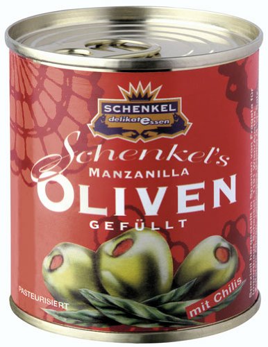 Schenkel Oliven "Manzanilla" grün, gefüllt mit Chili, aus Spanien - 200gr von Schenkel