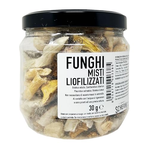 Gemischte frische gefriergetrocknete Pilze, 30g, Geschmack und Duft wie frisches Produkt (Boletus edulis und Gruppe, Cantharellus cibarius, Pleurotus ostreatus, Boletus luteus) von Scherini Valtellina
