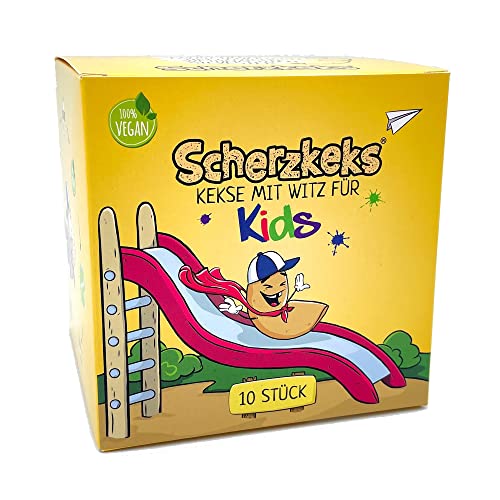 Scherzkeks Kids | 10 Kekse mit Witz für Kids, 10er Box Glückskekse mit kindgerechten Scherzfragen im Inneren, zu Kindergeburtstag, Familienfeiern, Schulanfang, Einschulung von Scherzkeks