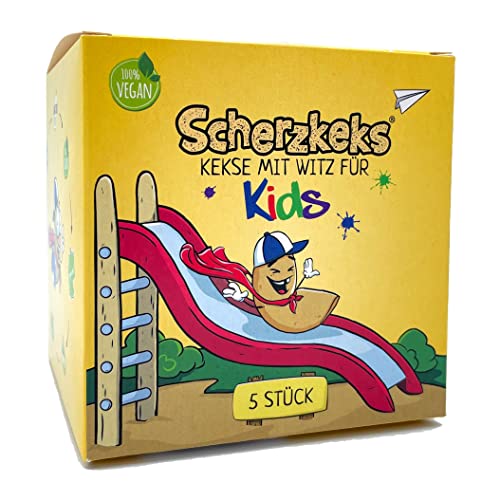 Scherzkeks Kids | 5 Kekse mit Witz für Kids, 5er Box Glückskekse mit kindgerechten Scherzfragen im Inneren, zu Kindergeburtstag, Familienfeiern, Schulanfang, Einschulung von Scherzkeks