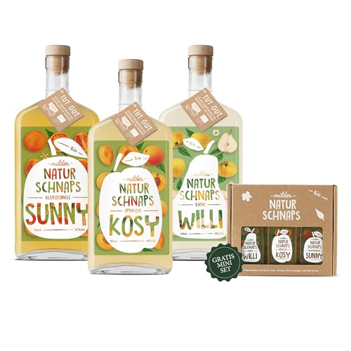 Schladerer milder Bio-Naturschnaps Geschenk-Set - Bio Blutorangen-, Aprikosen- & Birnen-Schnaps (30% vol.) - Obstler Schnaps natürlich, bio, vegan, handgemacht in Staufen (3 x 0.7l + Miniatur-Set) von Schladerer