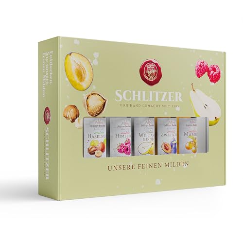 Schlitzer Milde Spirituosen Geschenkset – Tasting Box mit 5 Miniaturflaschen (0,02L) – Himbeere, Birne, Zwetschge, Haselnuss, Marille – Hochwertige Obstbrände als Geschenkidee für Genießer von Schlitzer Destillerie