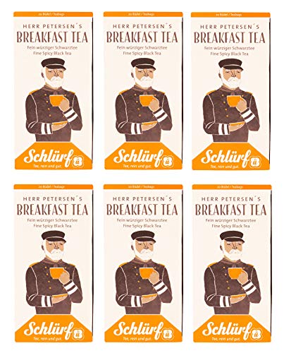 6 x Schlürf Büdel Bio Breakfast Tea | 120 Teebeutel Schwarz Tee | Sorte Herr Petersen | Spenderbox | Schwarztee | Black Tea Frühstückstee | Tee fürs Frühstück | Tee Beutel einzeln verpackt | 270 g von Schlürf