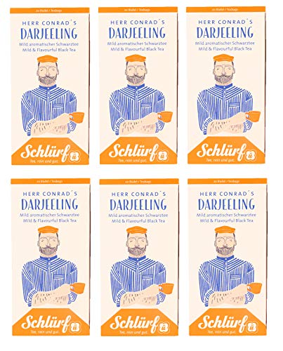 6 x Schlürf Büdel Bio Darjeeling Tee | 120 Teebeutel | Sorte Herr Conrad | Spenderbox | Schwarztee | Darjeeling Schwarzer Tee im Tee Beutel einzeln verpackt | 240 g von Schlürf