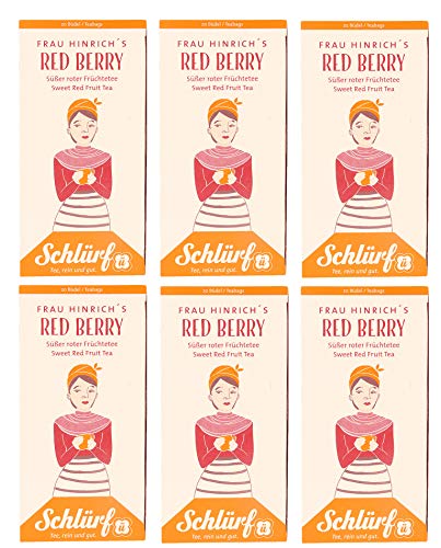 6 x Schlürf Büdel Bio Früchte Tee Red Berry | 120 Teebeutel | Sorte Frau Hinrichs | Früchtetee | Tee mit Fürchten Apfel, Hibiskus, Hagebutten, Erdbeere | Tee Beutel einzeln verpackt | 270 g von Schlürf