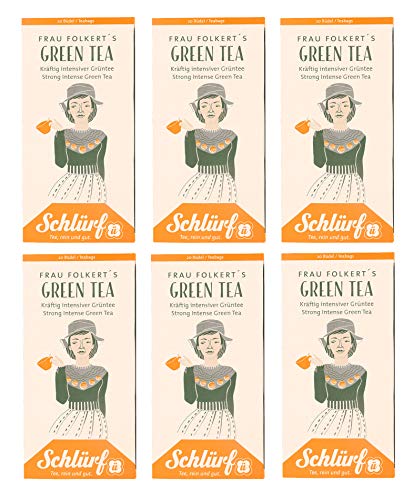 6 x Schlürf Büdel Bio Grün Tee | 120 Teebeutel Green Tea | Sorte Frau Folkert | Spenderbox | Grüntee | Grüner Tee im Tee Beutel einzeln verpackt | 240 g von Schlürf