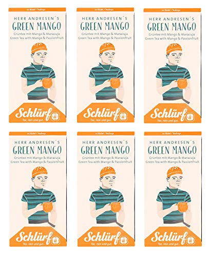 6 x Schlürf Büdel Bio Grün Tee Mango | 120 Teebeutel Green Tea | Sorte Herr Andresens| Spenderbox | Grüntee | Grüner Tee mit Mango und Maracuja | Tee Beutel einzeln verpackt | 210 g von Schlürf