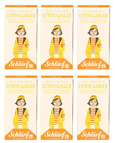 6 x Schlürf Büdel Bio Lemon Ginger Zitrone Ingwer Tee | 120 Teebeutel Kräutertee | Sorte Frau Carsten | Spenderbox | Herbal Tea | Kräuter Tee mit Zitrone Ingwer | Tee Beutel einzeln verpackt | 240 g von Schlürf